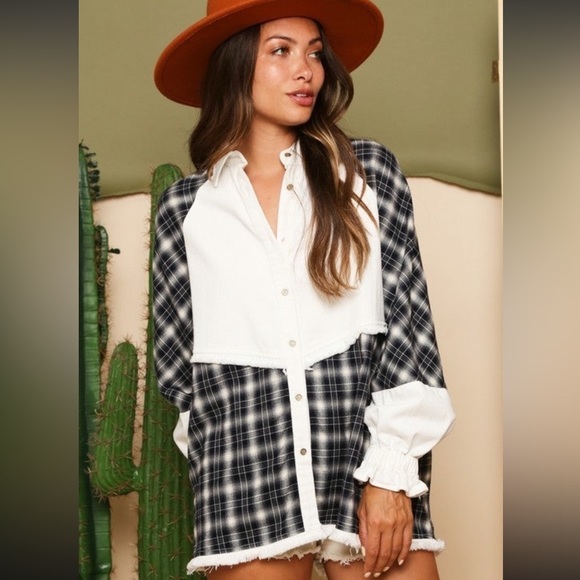 Plaid Mixed Media Shirt Jacket - Picture 1 of 2